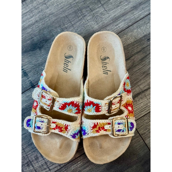 SHEIN Embroidered Crochet Slip On Boho Colorful Sandals Women Size 6 - Picture 3 of 6